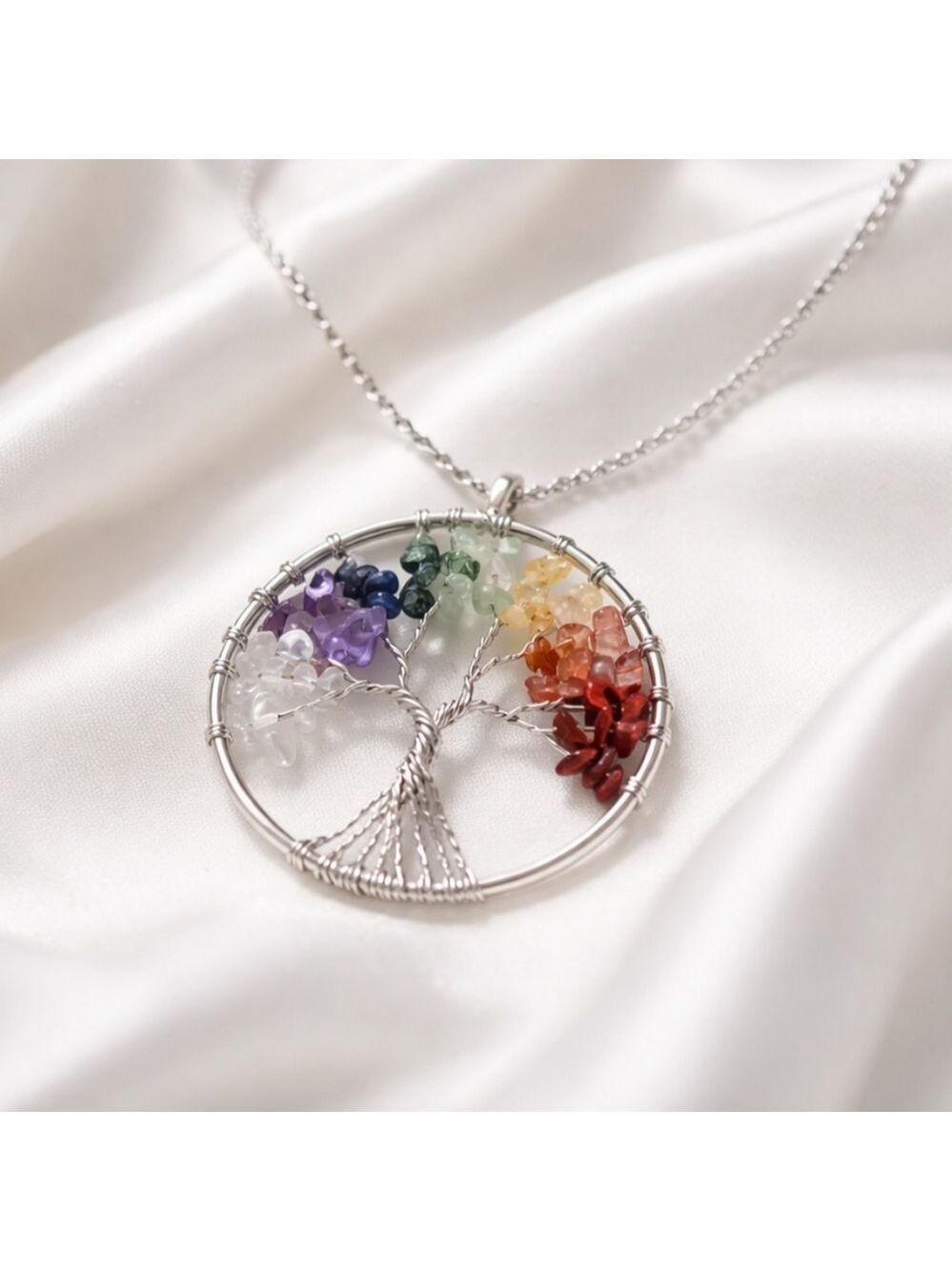 Tree of Life Rainbow Gemstone Pendant Necklace | 7 Chakra Crystal | Silver Tone